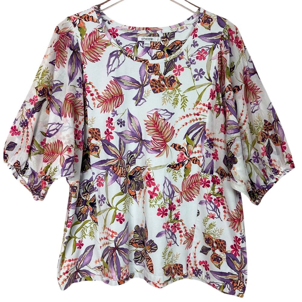 Chico's Floral Dolman Sleeve Knit Top Tropical Size 3 / US XL